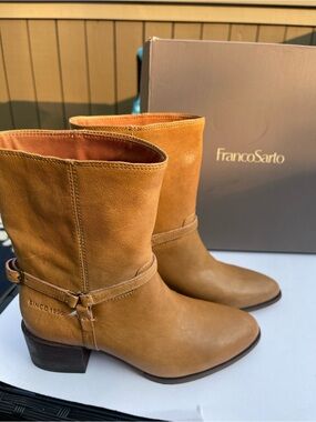 Franco Sarto Cognac Leather Mid-Calf Ankle Boots with Wrap Strap